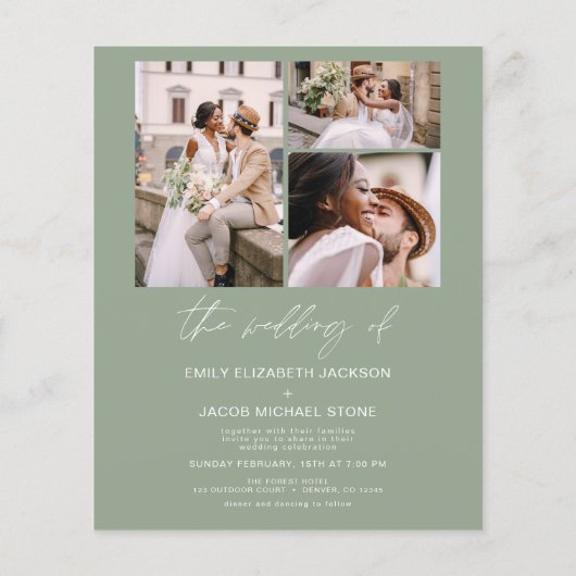 Budget Sage Groene Foto Bruiloft Uitnodiging Flyer (Achterkant)