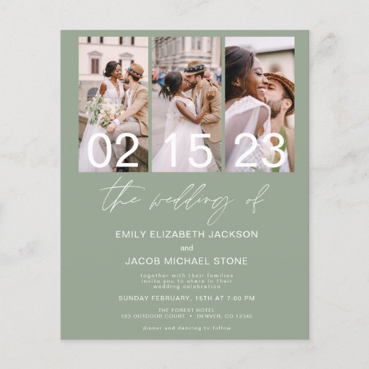 Budget Sage Groene Foto Bruiloft Uitnodiging Flyer (Voorkant)
