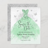 Budget Sage Groene Jurk Quinceañera Save the Date (Voorkant / Achterkant)
