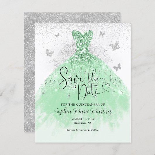 Budget Sage Groene Jurk Quinceañera Save the Date (Voorkant / Achterkant)