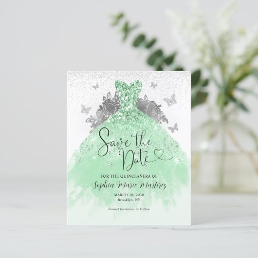 Budget Sage Groene Jurk Quinceañera Save the Date (Staand voorkant)
