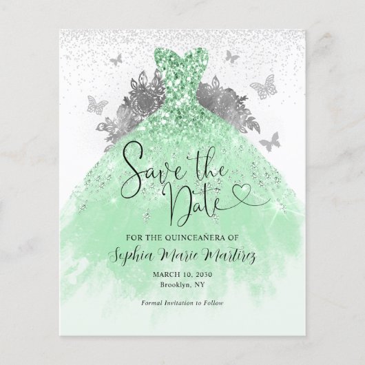 Budget Sage Groene Jurk Quinceañera Save the Date (Voorkant)
