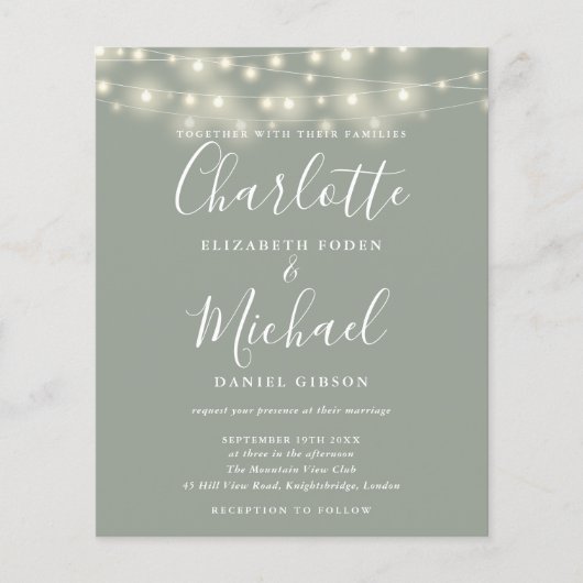 Budget Sage Groene Lichten Foto Trouw Uitnodiging (Voorkant)