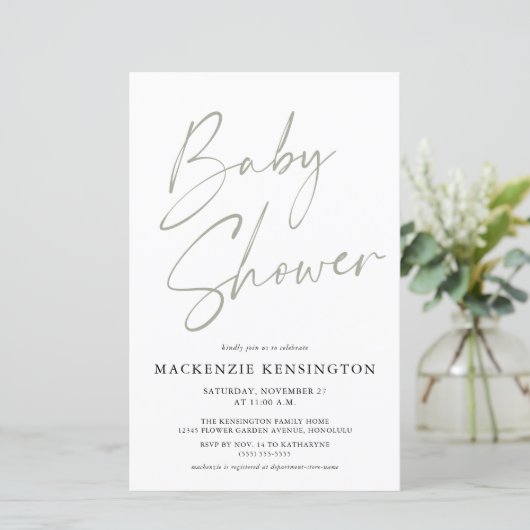 Budget Sage Olive Green Simple Script-Baby shower (Staand voorkant)