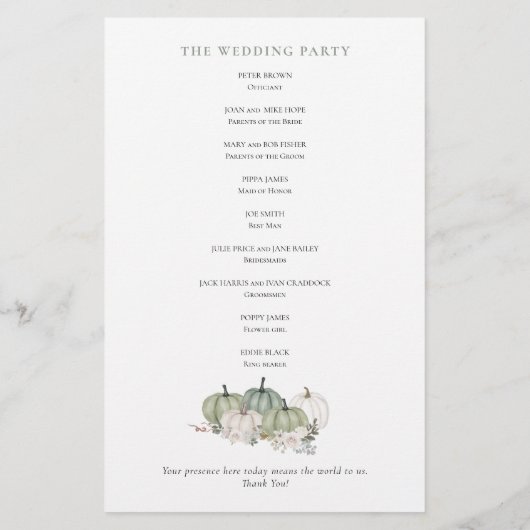 Budget Sage Pumpkins Cream Florals Wedding Program (Achterkant)