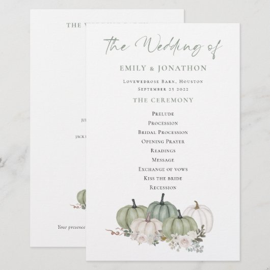 Budget Sage Pumpkins Cream Florals Wedding Program (Voorkant / Achterkant)