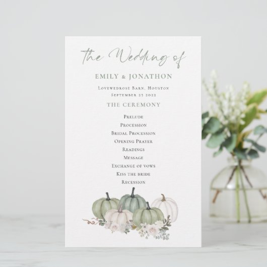 Budget Sage Pumpkins Cream Florals Wedding Program (Staand voorkant)