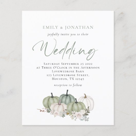 Budget Sage Pumpkins Florals Wedding Invite (Voorkant)