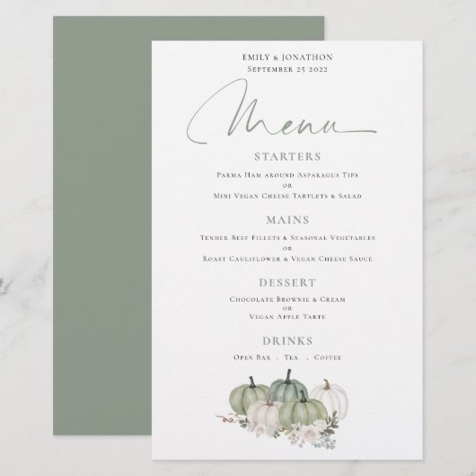 Budget Sage Pumpkins Herfst Florals Wedding Menu (Voorkant / Achterkant)