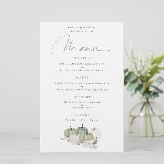 Budget Sage Pumpkins Herfst Florals Wedding Menu (Staand voorkant)