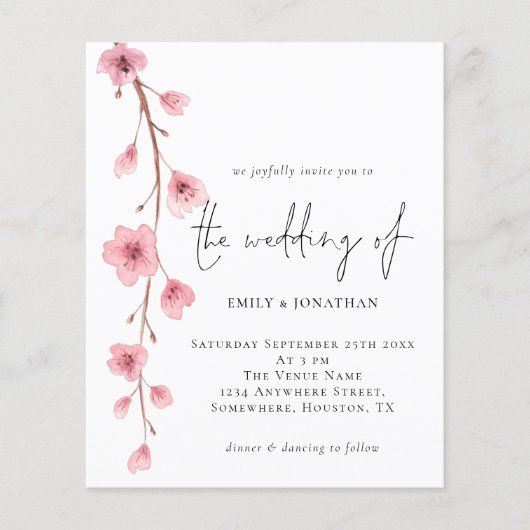 Budget Sakura Cherry Blossom Wedding Uitnodiging (Voorkant)