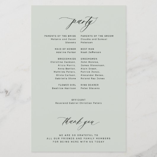 Budget salie groen elegant huwelijksprogramma (Achterkant)