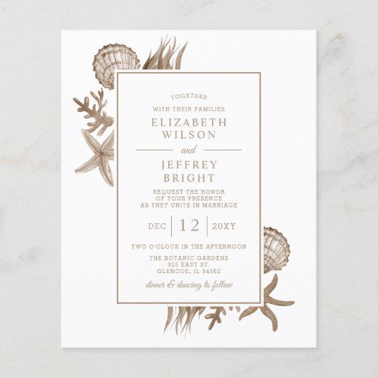 Budget Sandy Seashells Beach Wedding Invitation (Voorkant)