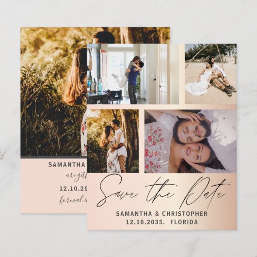 Budget Save the Date 4 Foto Roze Goud Uitnodiging (Voorkant / Achterkant)