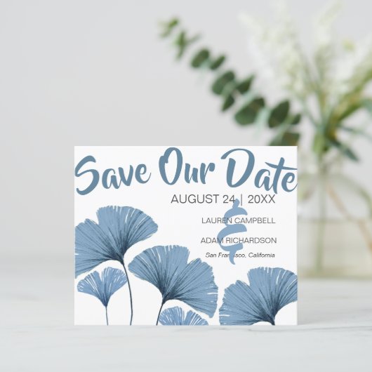 Budget Save the Date Blue & White Foliage Wedding (Staand voorkant)
