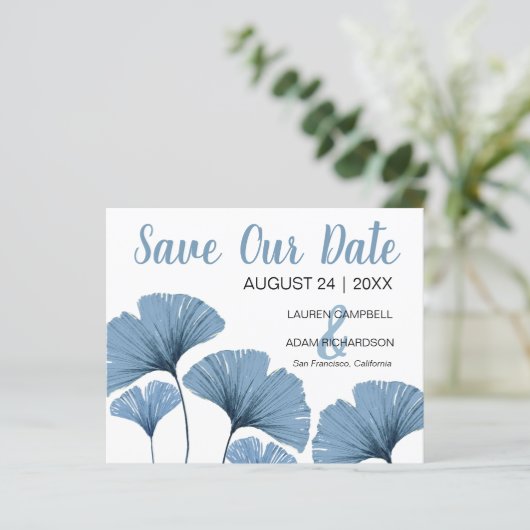 Budget Save the Date Blue & White Foliage Wedding (Staand voorkant)