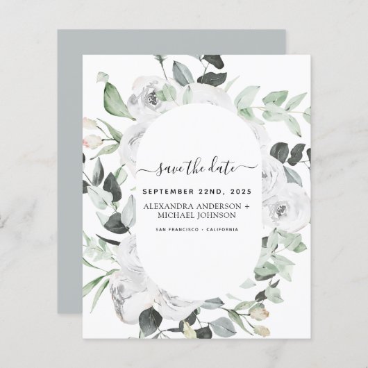 Budget Save the Date Eucalyptus Witte Bloemen (Voorkant / Achterkant)