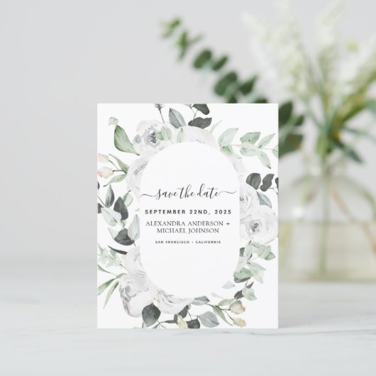 Budget Save the Date Eucalyptus Witte Bloemen (Staand voorkant)