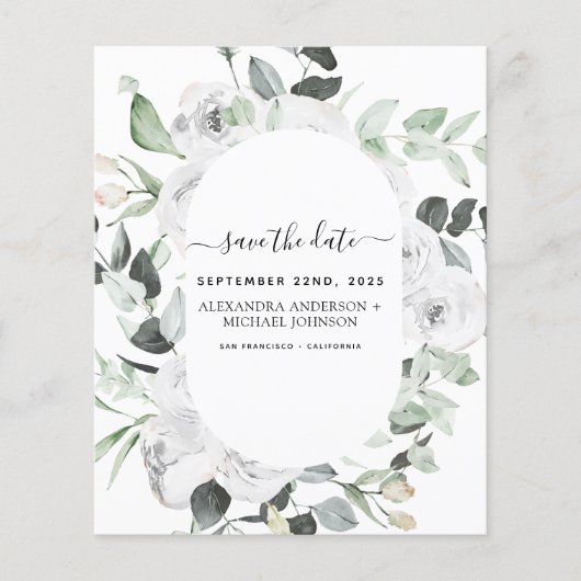 Budget Save the Date Eucalyptus Witte Bloemen (Voorkant)