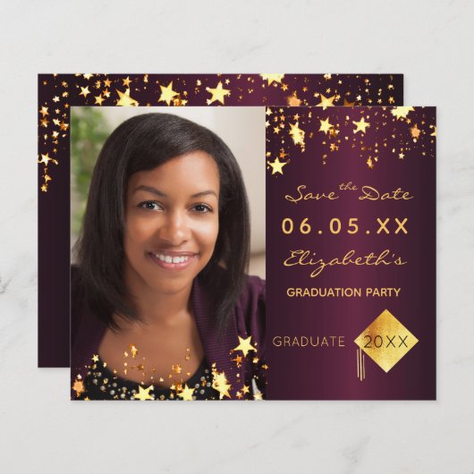 Budget Save the Date graduation party burgundy (Voorkant / Achterkant)