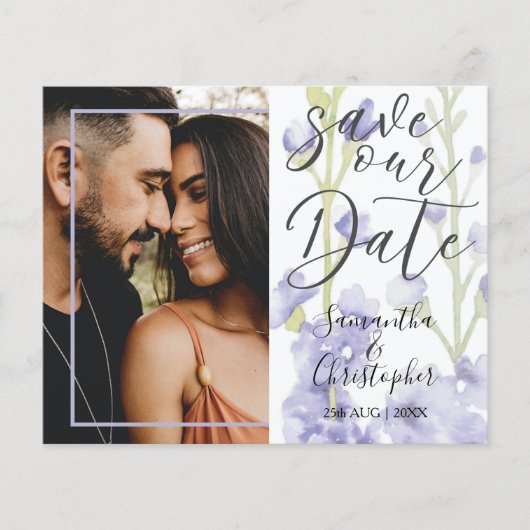 Budget Save the Date Paarse Bloem Foto Bruiloft (Voorkant)