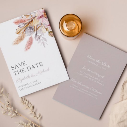 Budget Save the Date Pampas Grass Chic Boho Floral Kaart