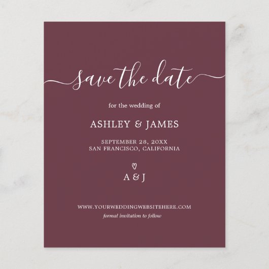 Budget Save the Date Script Burgundy Photo Flyer (Achterkant)