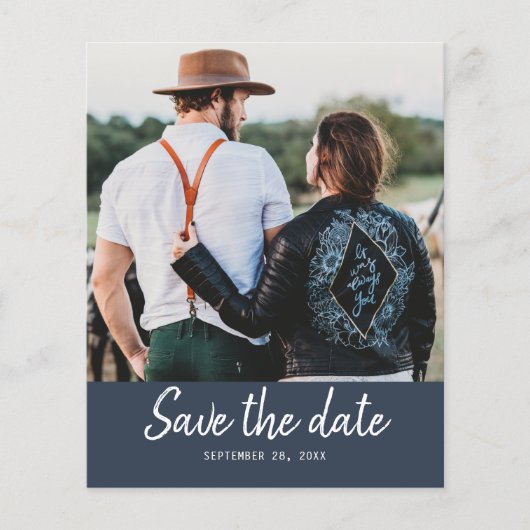 Budget Save the Date Script Donkerblauwe foto Flyer (Voorkant)