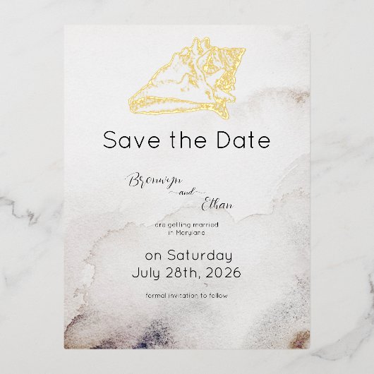 Budget Save the Date Seashell Sandy Beach Folie Uitnodiging Briefkaart (Voorkant)