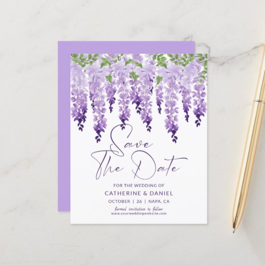 Budget Save the Date Waterverf Wisteria Wedding (Voorkant / Achterkant in situ)