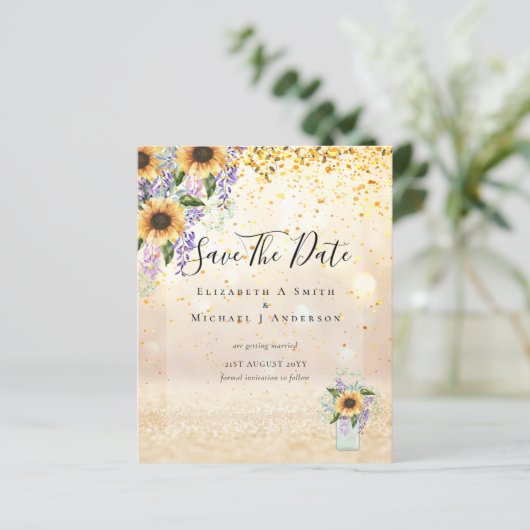 BUDGET SAVE THE DATES Landelijke Zonnebloemen Paar (Staand voorkant)