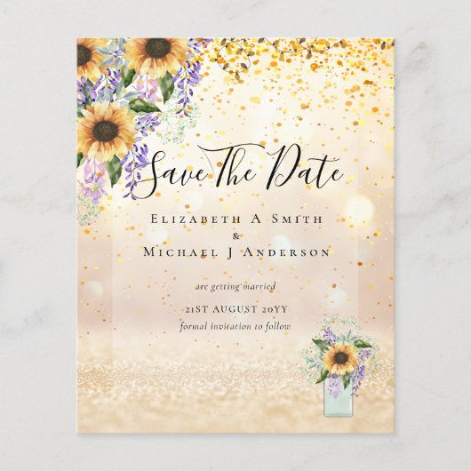 BUDGET SAVE THE DATES Landelijke Zonnebloemen Paar (Voorkant)