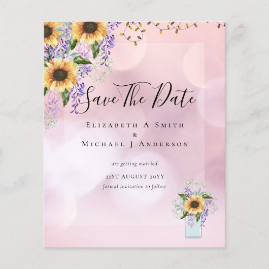 BUDGET SAVE THE DATES Landelijke Zonnebloemen Paar (Voorkant)