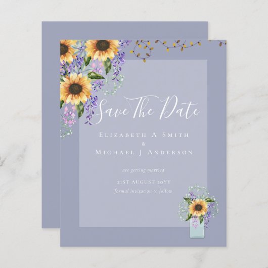 BUDGET SAVE THE DATES Landelijke Zonnebloemen Paar (Voorkant / Achterkant)
