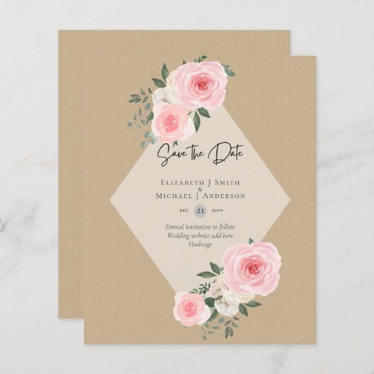 BUDGET SAVE THE DATES - Roze Witte Rozen (Voorkant / Achterkant)