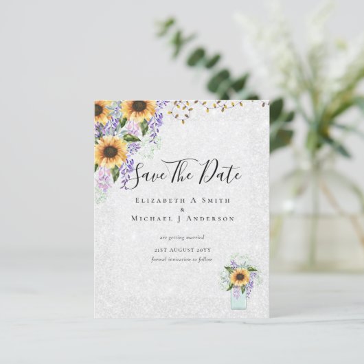 BUDGET SAVE THE DATES Rustieke Zonnebloemen Paars (Staand voorkant)