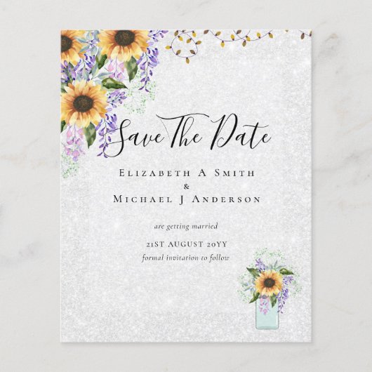 BUDGET SAVE THE DATES Rustieke Zonnebloemen Paars (Voorkant)