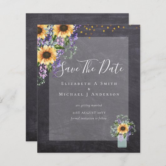 BUDGET SAVE THE DATES Rustieke Zonnebloemen Paars (Voorkant / Achterkant)
