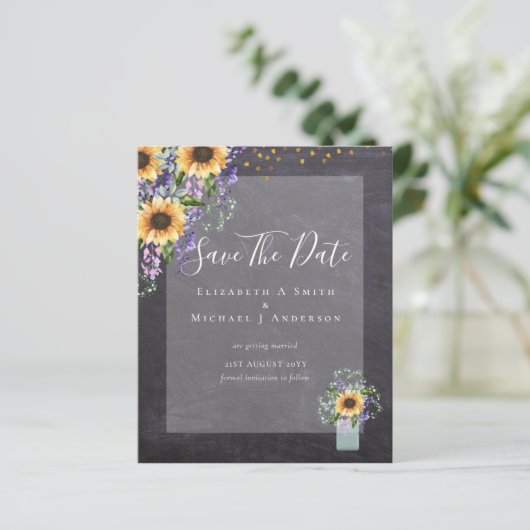 BUDGET SAVE THE DATES Rustieke Zonnebloemen Paars (Staand voorkant)