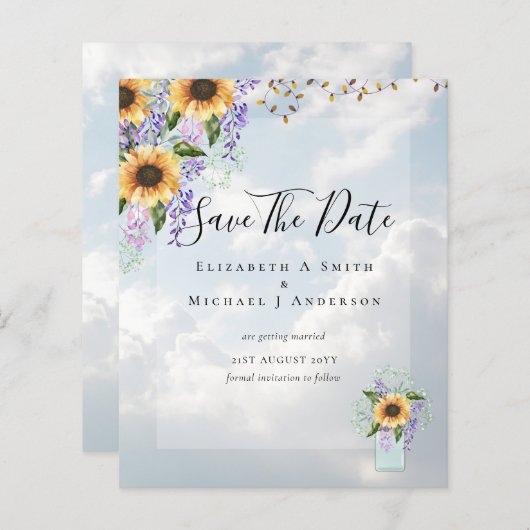 BUDGET SAVE THE DATES Rustieke Zonnebloemen Paars (Voorkant / Achterkant)