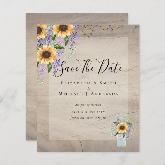 BUDGET SAVE THE DATES Rustieke Zonnebloemen Paars (Voorkant / Achterkant)