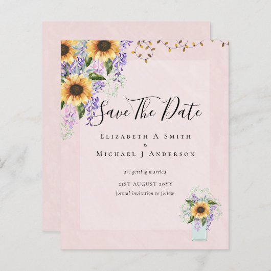 BUDGET SAVE THE DATES Rustieke Zonnebloemen Paars (Voorkant / Achterkant)