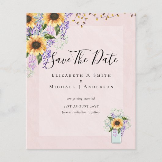BUDGET SAVE THE DATES Rustieke Zonnebloemen Paars (Voorkant)