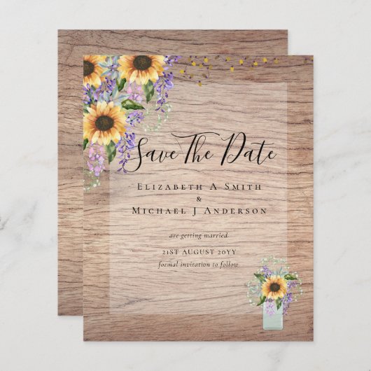 BUDGET SAVE THE DATES Rustieke Zonnebloemen Paars (Voorkant / Achterkant)