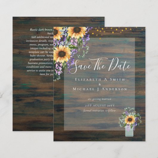 BUDGET SAVE THE DATES Rustieke Zonnebloemen Paars (Voorkant / Achterkant)