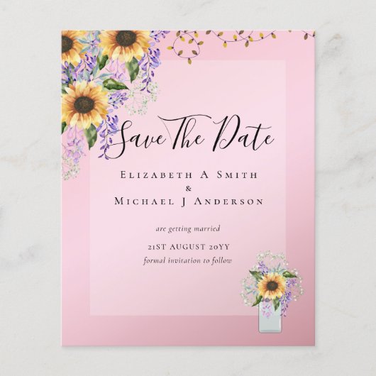 BUDGET SAVE THE DATES Rustieke Zonnebloemen Paars Flyer (Voorkant)