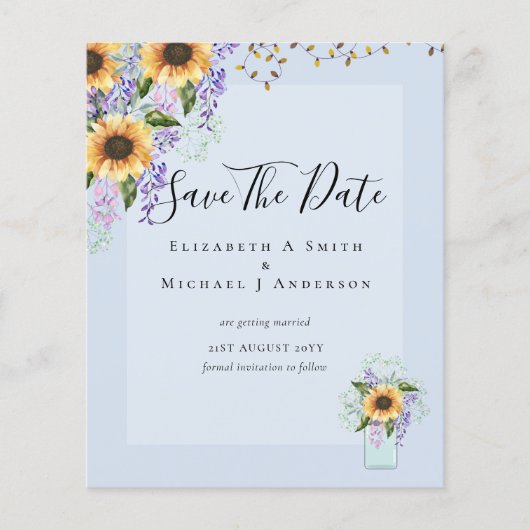 BUDGET SAVE THE DATES Rustieke Zonnebloemen Paars Flyer (Voorkant)
