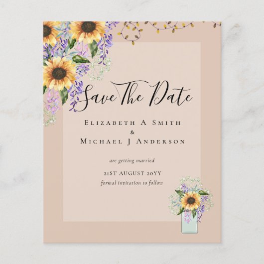 BUDGET SAVE THE DATES Rustieke Zonnebloemen Paars Flyer (Voorkant)