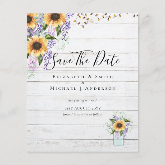 BUDGET SAVE THE DATES Rustieke Zonnebloemen Paars Flyer (Voorkant)