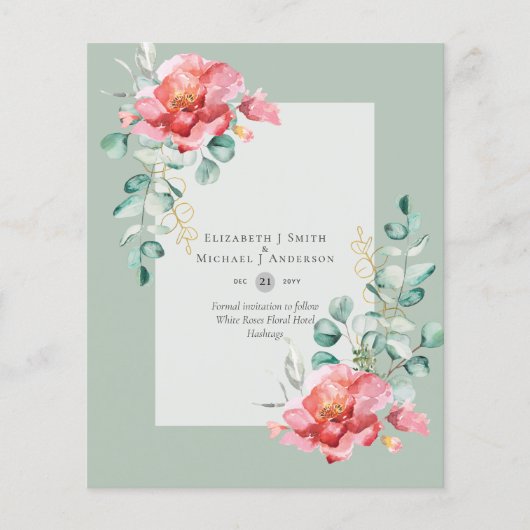 BUDGET SAVE-THE-DATUMS - Witte Rozen Bloemstuk Flyer (Voorkant)